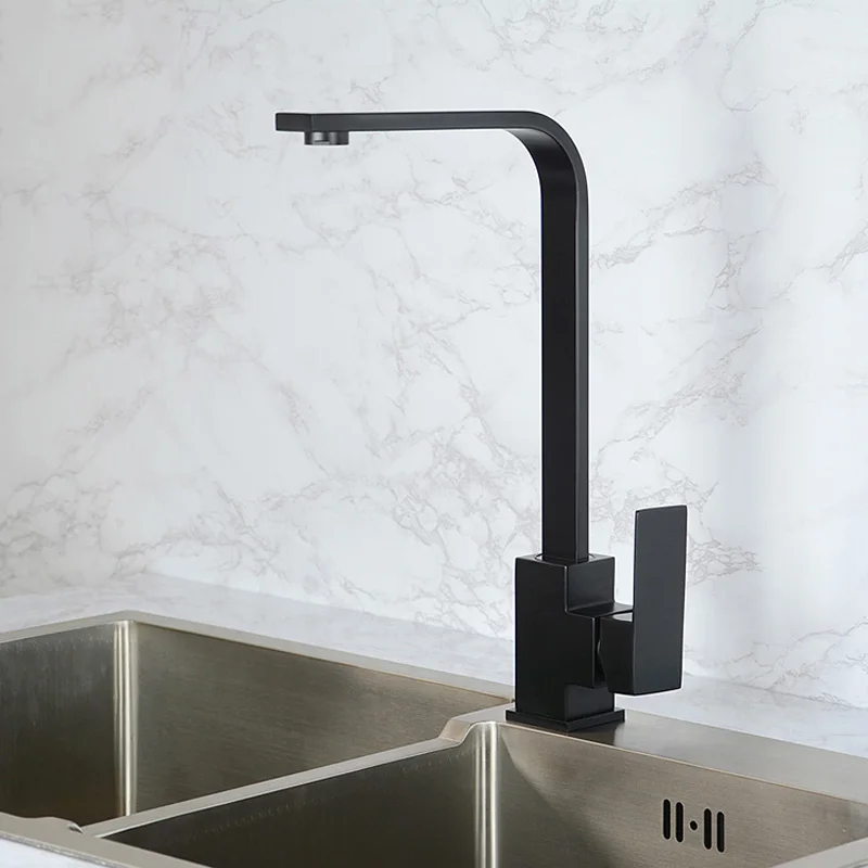 

Matte Black Kitchen Sink Mixer Faucet SUS 304 Stainless Steel Single Hole Kitchen Taps with Rotating Square Spout
