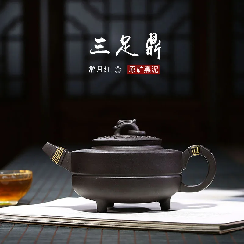 

★Yixing recommended system of pure manual name every month red ore black mud three-legged tripod pot teapot tea sets