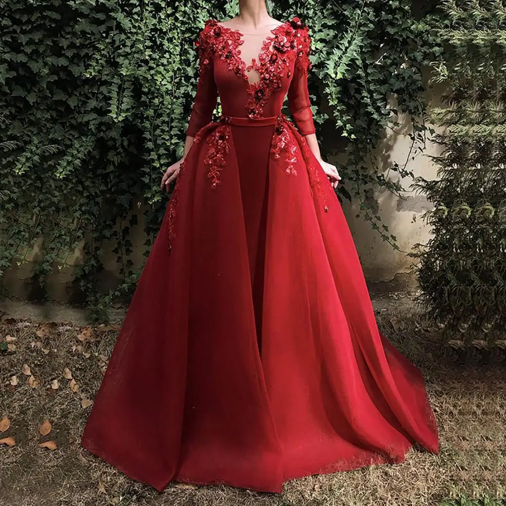 

New Burgundy Long Evening Gown Long Sleeve Sequin Flowers Dubai Kaftan Saudi Arabic Elegant Formal Dress Muslim Evening