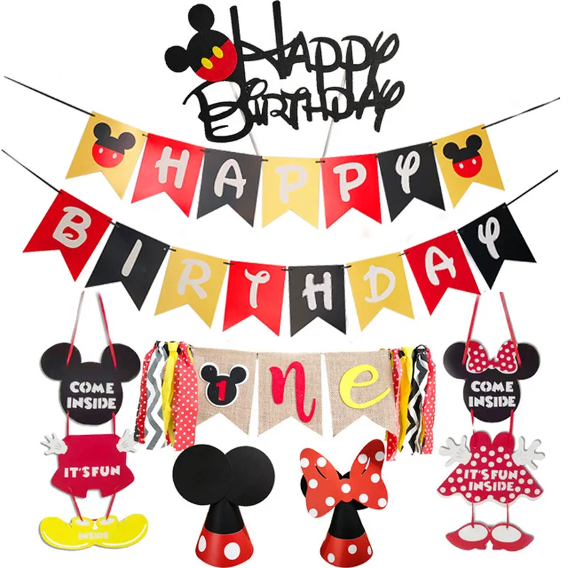 

Mickey Minnie Mouse Birthday Party Decoration Door Hanger Banner Cake Topper Hat for Kids 1st Birthday Decorations Supplies
