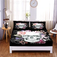 skull and flower digital printed 3pc polyester fitted sheet mattress cover four corners with elastic band bed sheet pillowcases