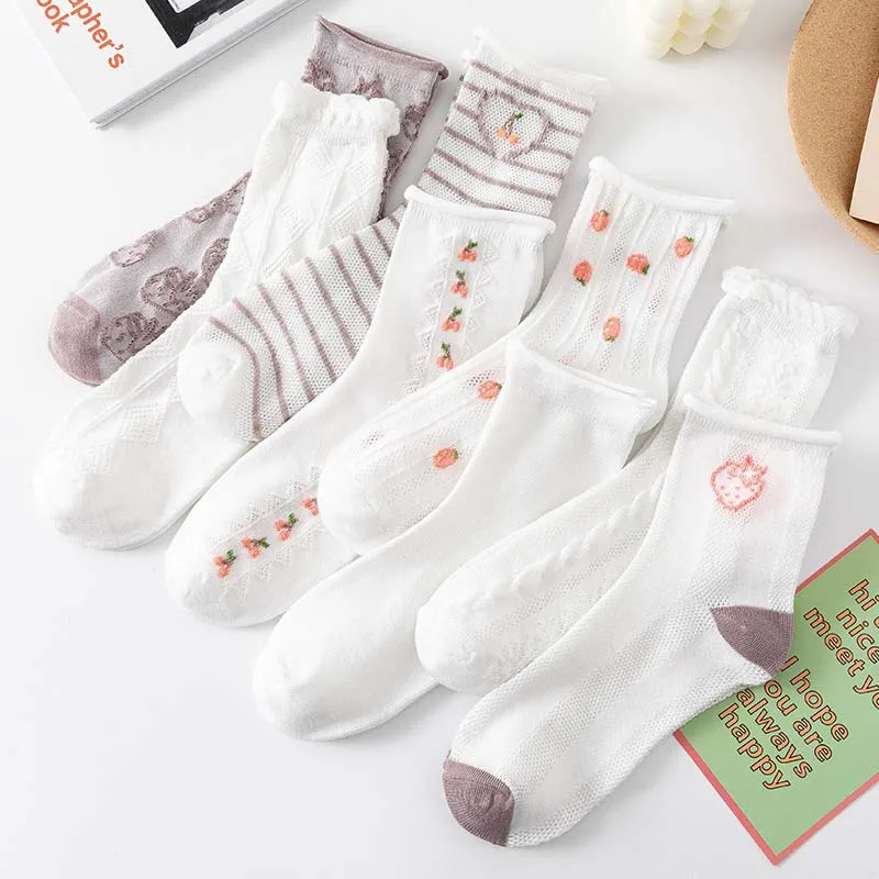 

Spring/Summer Korean Style Women Socks Edge Strawberry Cherry Stripe Solid Simple White Sokken College Style Chaussette Femme