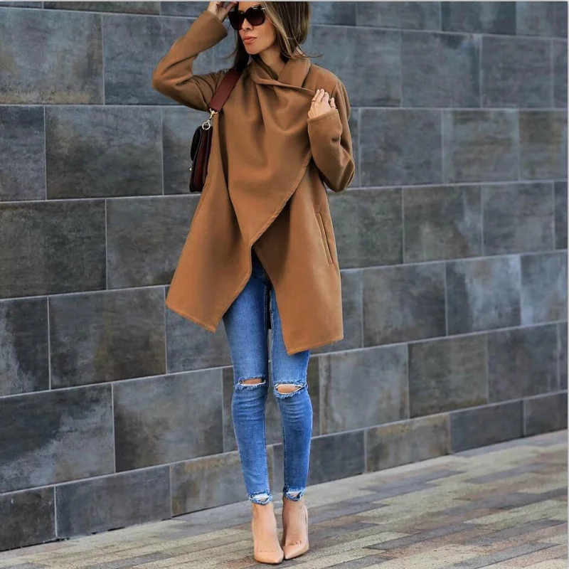 

Wool Blends Women Clothing Autumn Winter Thick Casual Coats Woman Fashion Jackets High Qualtiy Long Open Stitch Turn-down Collar