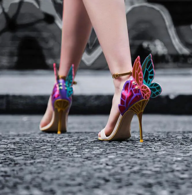 

Newest metallic embroidered leather sandals angel wings pumps bridal shoes butterfly ankle wrap high heels sandals Dress Sandals