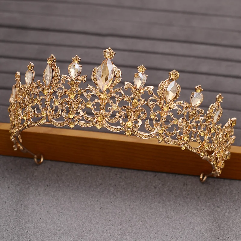 Bridal Tiaras and Crowns Hair Jewelry Champagne Gold Crystal Rhinestone Wedding Accessories Crown Queen Diadem Ornament | Украшения и