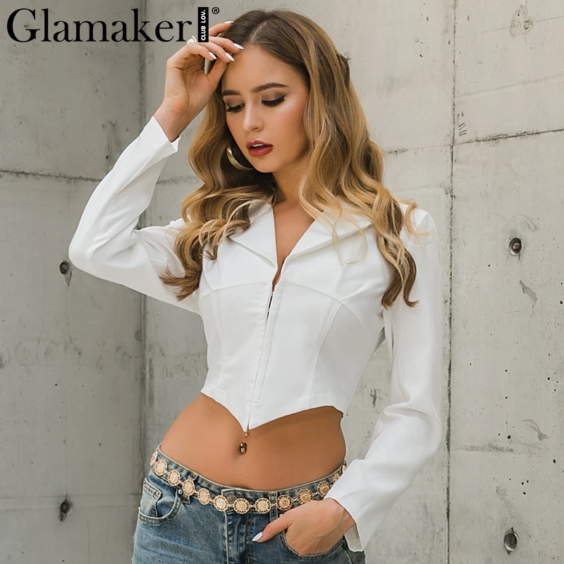 Glamaker сексуальный офисный Белый Тонкий Блейзер с v-образным вырезом, осенняя Элегантная короткая женская куртка, осенняя укороченная куртка, пальто, Блейзер, женская верхняя одежда