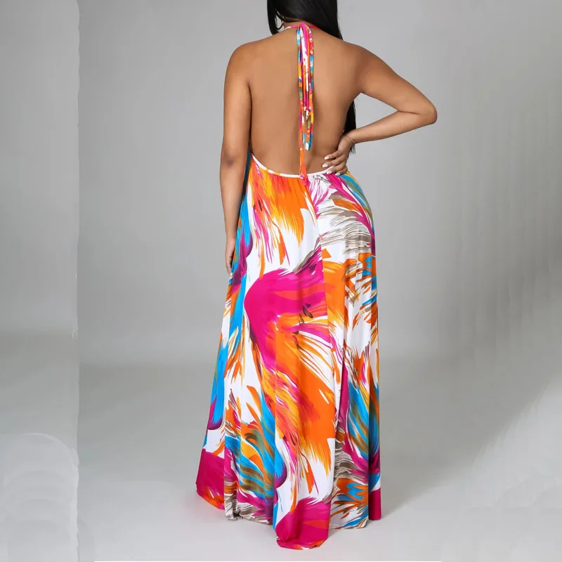 

Women Sexy Backless Print Maxi Dress Fashion Halter Casual Loose Dress Ladies Summer Vacation Beachwear