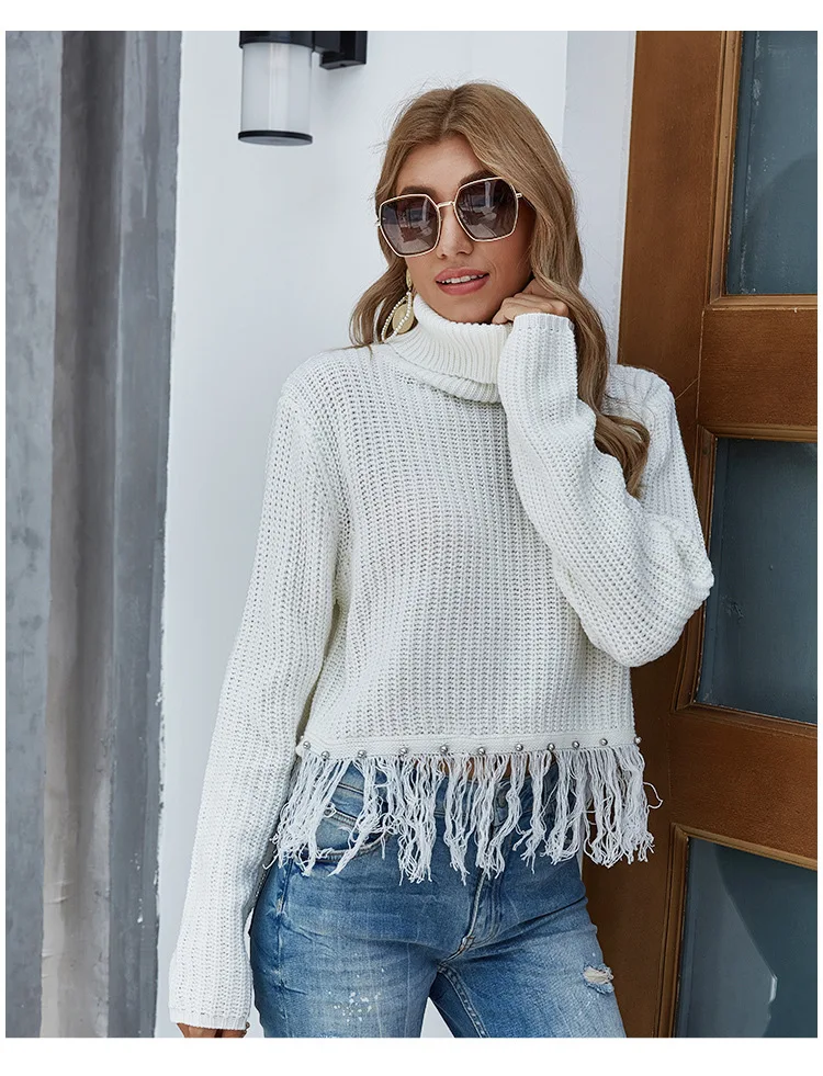 

Donsignet Women's Sweater New Fashion Spring High Neck Pullover Pure Color Bead Tassel Knit Long Sleeves Womens Sweaters