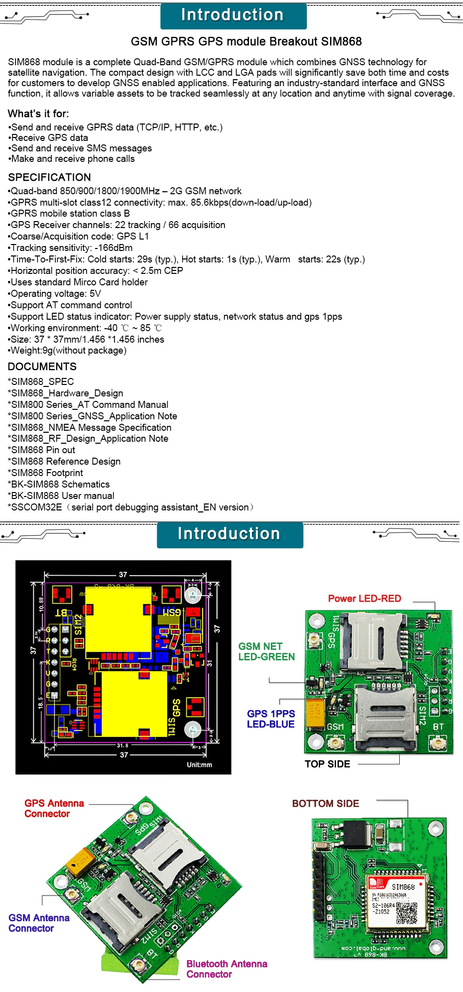 1 шт. GSM gps BT SIM868 коммутационная плата, SIM868 основная плата, 2 в 1 четырехдиапазонный модуль GSM/GPRS Встроенный gps BK-SIM868 V2