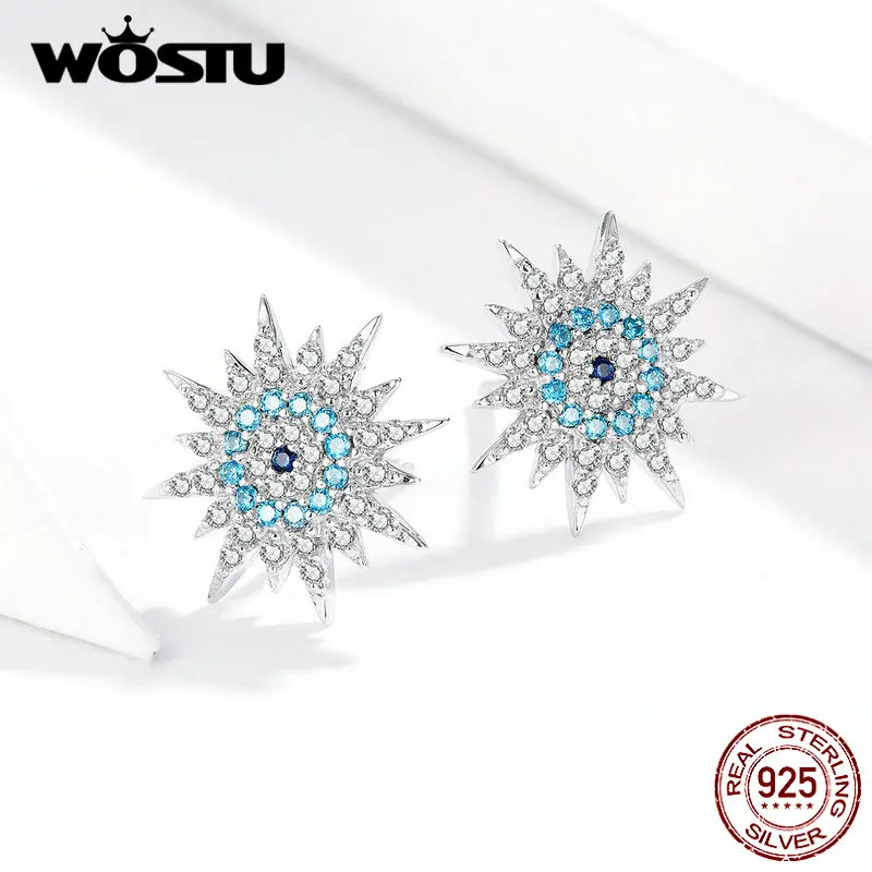 WOSTU, 925 пробы, серебряные серьги-гвоздики Lucky Eyes для женщин, блестящий циркон, модные свадебные синие маленькие серьги, ювелирные изделия CQE753