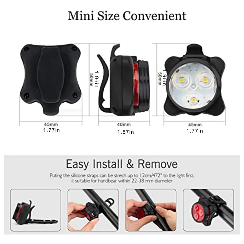 

Bicycle Lights 3 LED Cycling Bike Head Front light 5 modes USB Rechargeable Tail Clip Light Lamp Waterproof Red + White 1 SET