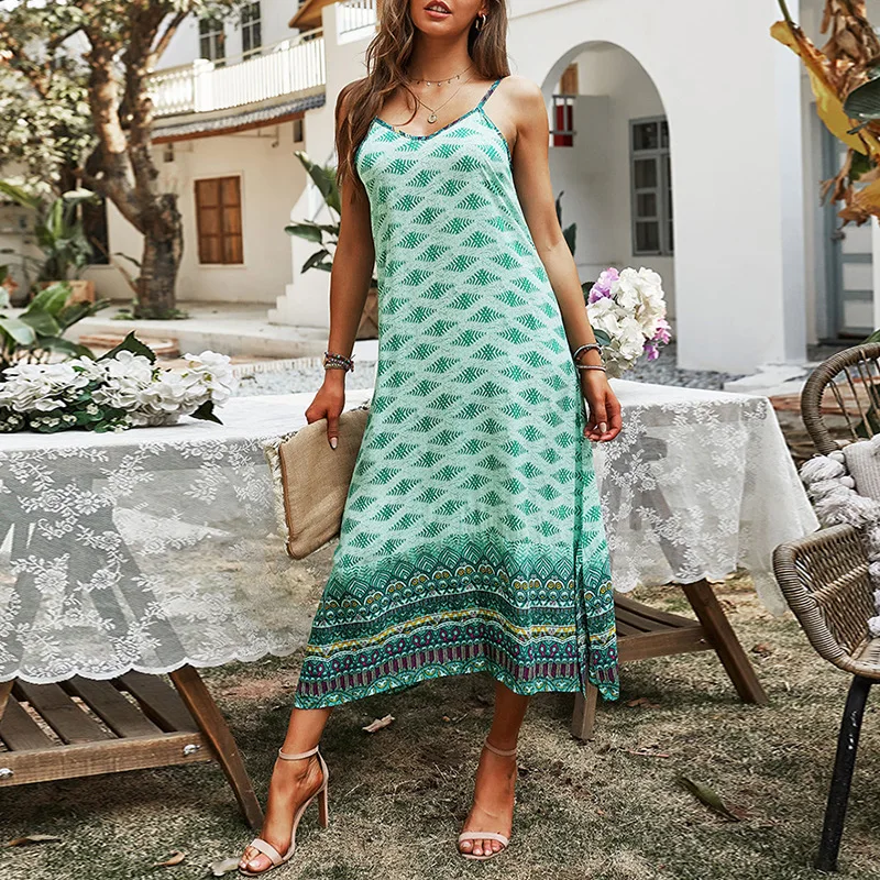 

JIAK Boho Floral Print Spaghetti Strap Summer Dresses For Women Casual V-neck Sleeveless Split Midi Dress Holiday Vintage Dress