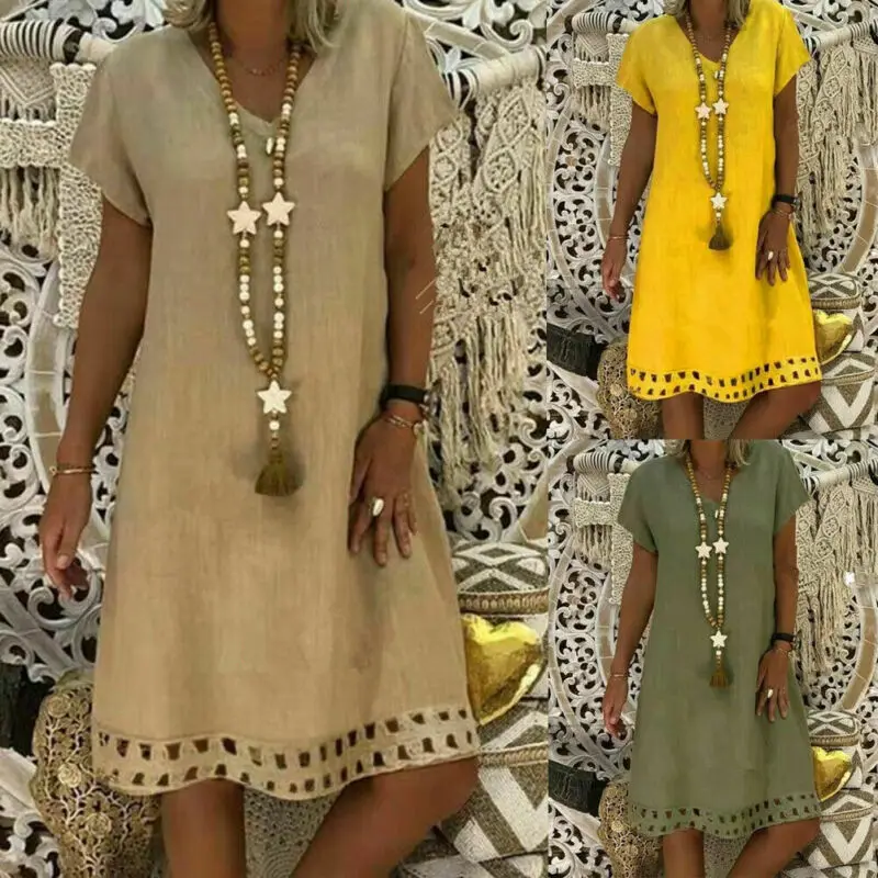 Женское платье бохо из хлопка и льна летняя длинная футболка с коротким рукавом