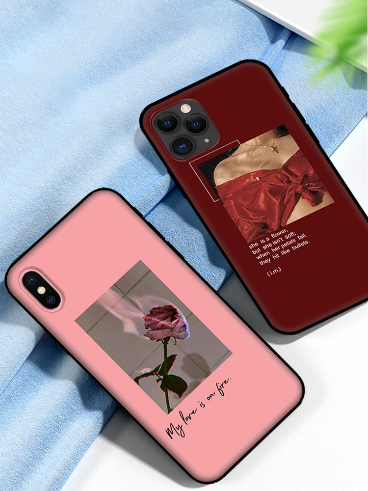 Черный чехол из ТПУ для iphone 5 5s se 6 6s 7 8 plus x 10 XR XS 11 pro MAX розового красного цветов с