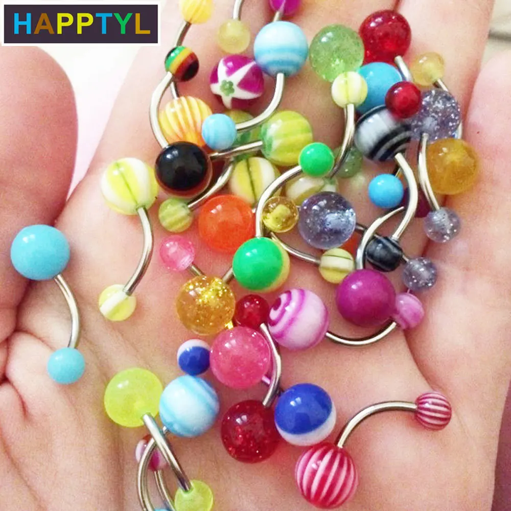 HAPPTYL 30 шт./компл. Акриловые Кольца для живота сталь Изогнутая Штанга пирсинг тела