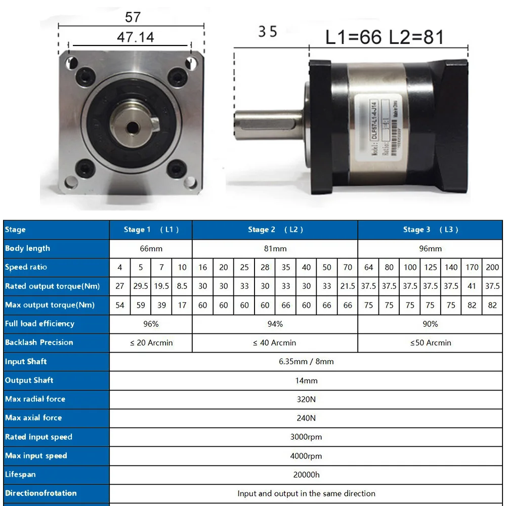 

57mm Nema23 Planetary Reducer Ratio 5/1,10/1~70/1 Reduction Gear Planetary Gearbox for Walk-Behind Tractor Trimmer Stepper Motor