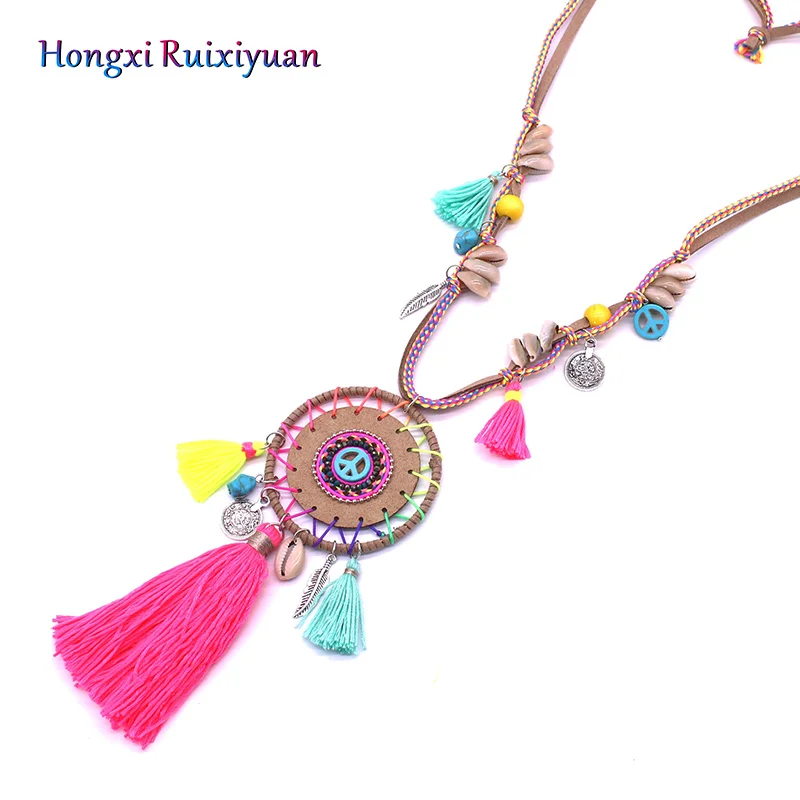 

Bohemian style round handmade beaded ladies pendant necklace fashion tassel crystal shell leather braided necklace jewelry