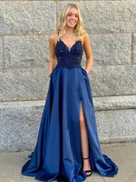long satin beaded prom dresses with pockets v neck a line high split side formal evening party gown robe de soiree