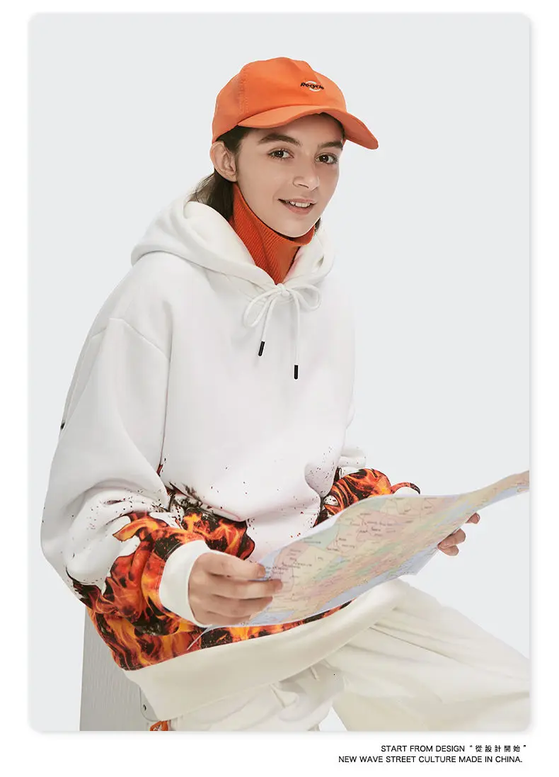 

European And American Flame Print Hooded Sweatshirt Men And Women Lovers Loose Style Popular Logo Trend Joker Blast Street Coat