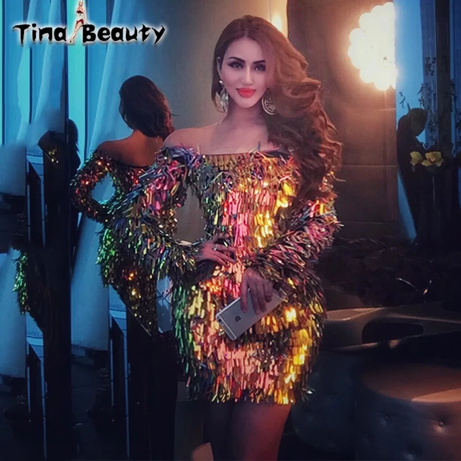 Tina beauty, платье со сверкающими блестками, платье для выпускного вечера, Женская Клубная одежда, Vestdos, летнее вечернее платье с длинным рукавом, облегающее платье для подиума