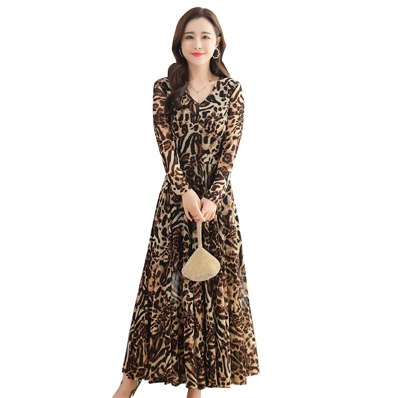 

2020 Autumn New Leopard Dress Temperament Plus Size V-neck Splicing High Waist Slim Chiffon Dresses for Women Clothes