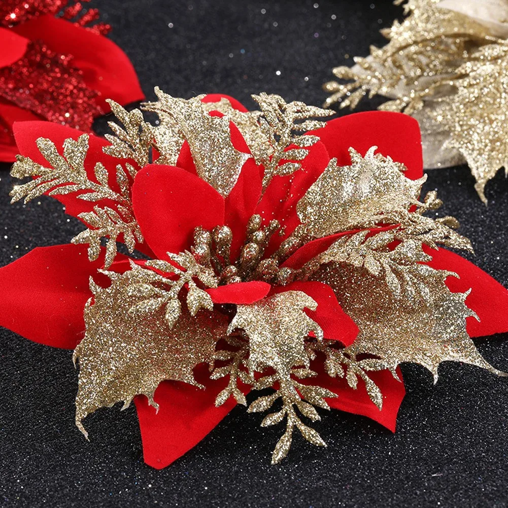 

10pcs Glitter Christmas Flower Artificial Flowers For Xmas Tree Ornaments Xmas Navidad Natal New Year 2022