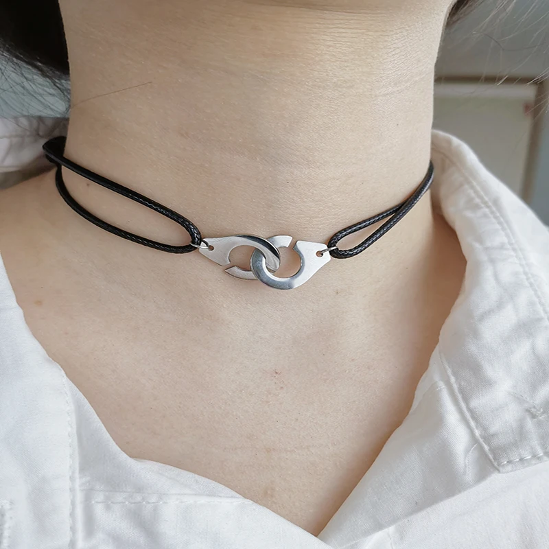 

Silver Handcuffs Rope Leather necklace 316L Stainless Steel Collar Original Menottes Bijoux for Women Men France Jewelry