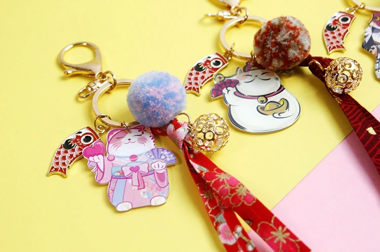 Tranditioal Lucky Cat Манеки Неко жира Кот приносящий удачу кимоно Брелок меховой шарик брелок для ключей автомобиля мешок кулон для Для женщин D366
