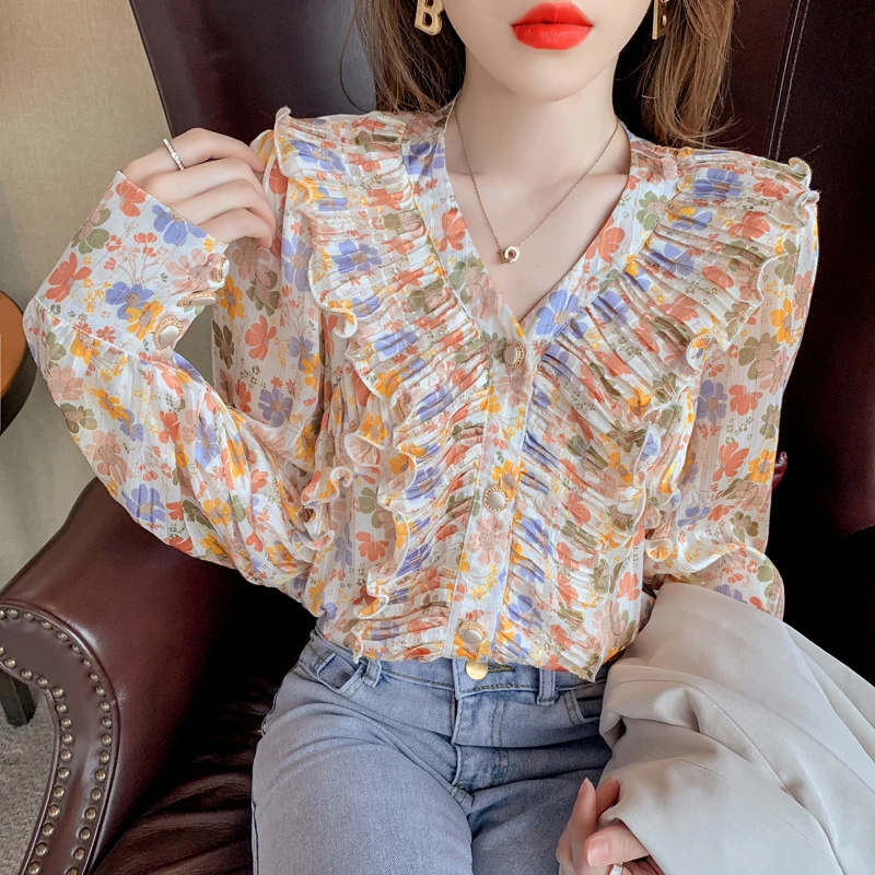 2021 Повседневный свитер с треугольным вырезом цветочным принтом женская блузка
