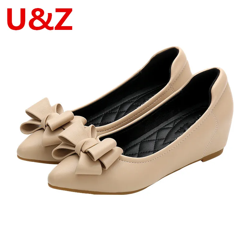 

Lovely Pink/Apricot Soft Leather women 4cm pumps,Office Ladies must-have middle Heels Wedges Pumps elegant Bow Gray/Red shoes