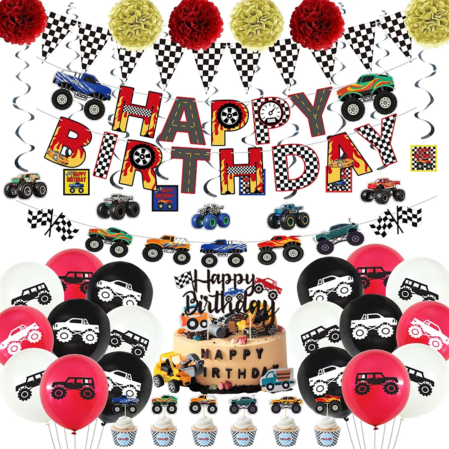 

54Pcs Monster Truck Themed Party Supplies Include Happy Birthday Banners Handmade Paper Flower Decorations And Latex Balloons