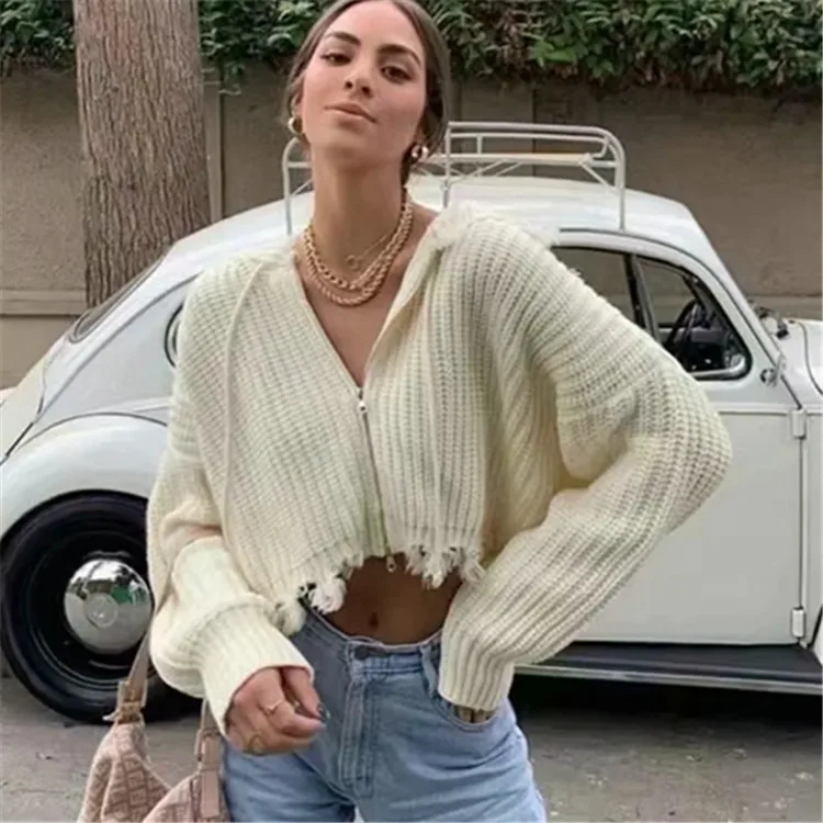

Spring Women Fringed Burr Irregular White Sweater Hooded Zipper Cardigan Cropped Elegant Female Streetwear Solid Loose Outwear