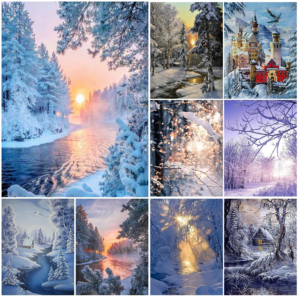 

Алмазная вышивка с квадратными стразами, зима Ландшафтная мозаика с бриллиантами, снежный пейзаж, 5D алмазная живопись, вышивка крестом, под...