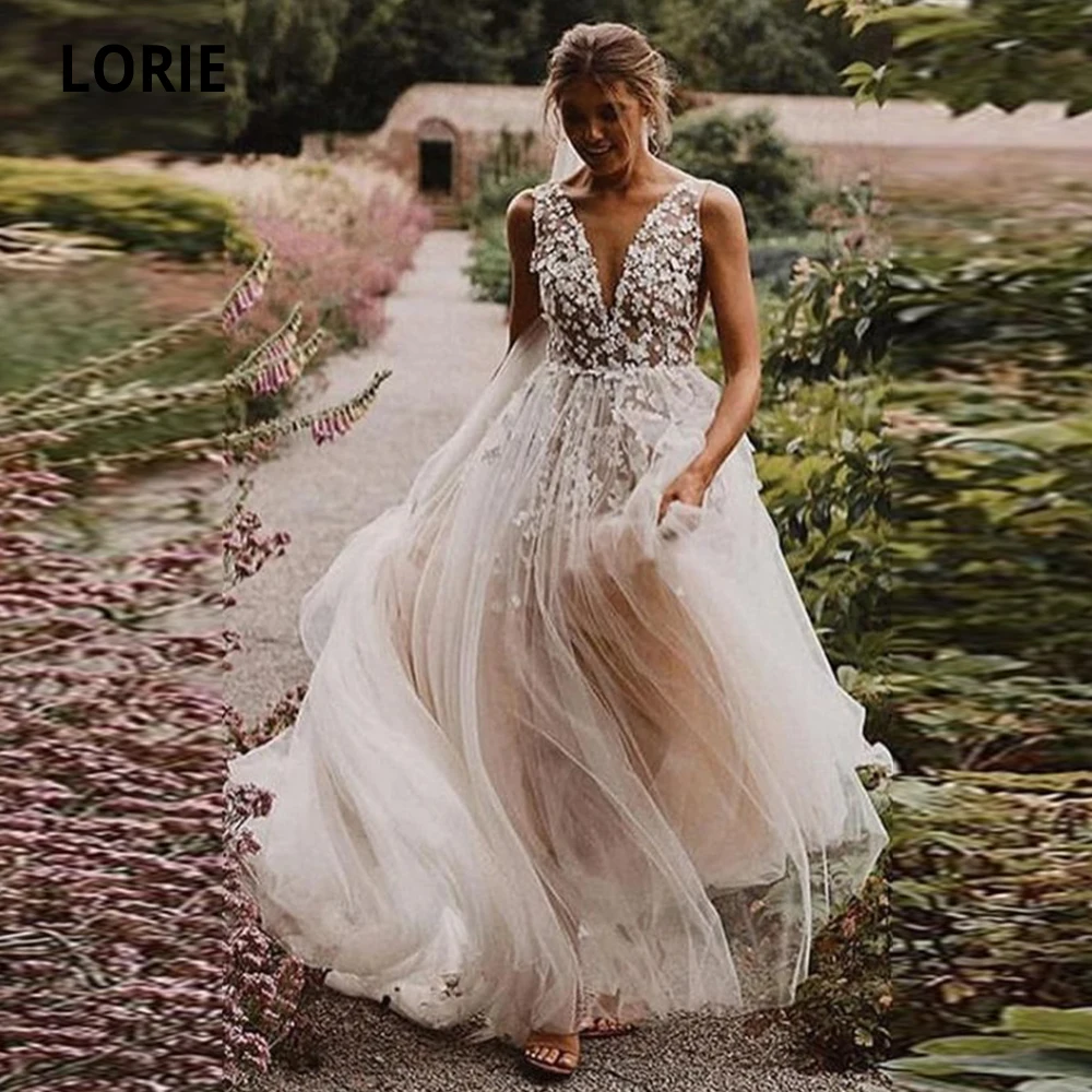 LORIE 2020 свадебное платье из тюля Boho A Line с v образным вырезом без рукавов пляжные