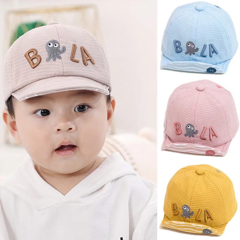 

4Colors Cotton Adjustable Embroid Cartoon Octopus Children Anti-sunburn Striped Letter Baseball Caps Sun Hats Cute 1-2 Years