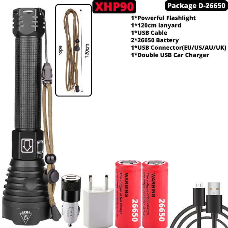 Package D-XHP90 XHP70.2 XHP90 USB Перезаряжаемый светодиодный светильник-вспышка XHP70 мощный фонарь супер водонепроницаемый охотничий светильник с зумом 18650 или 26650 Battey - Испускаемый цвет: Package D-XHP90