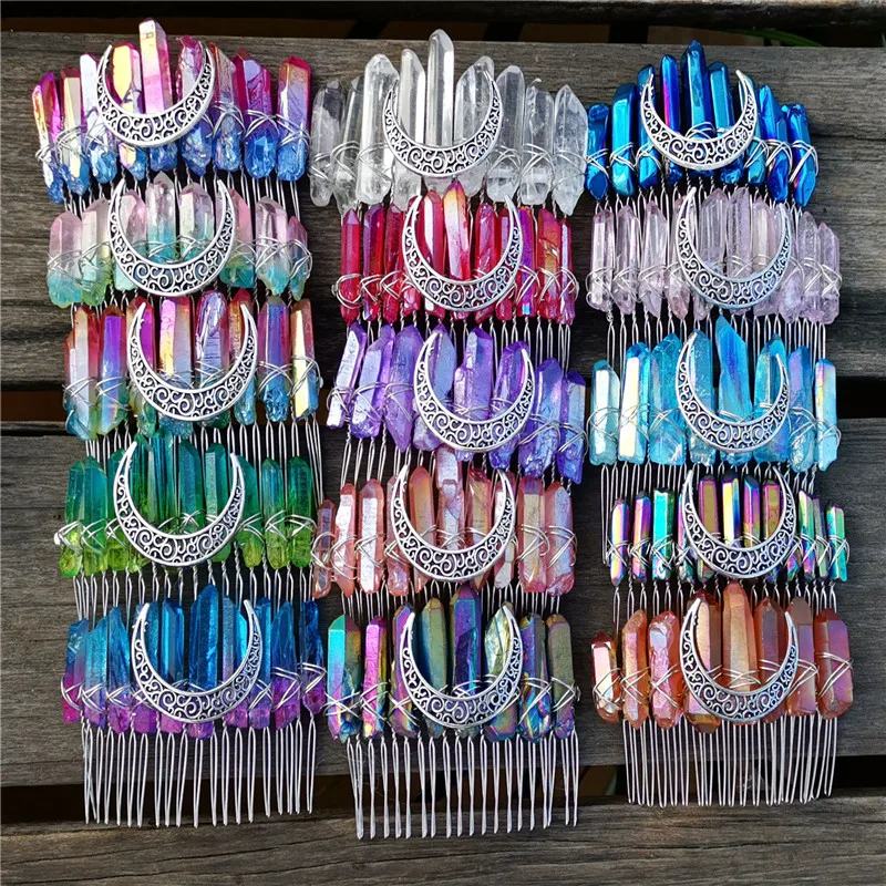 

colorful White Natural Quartz Crystal moon headband party bridal party jewelry headdress gift witch mysterious power