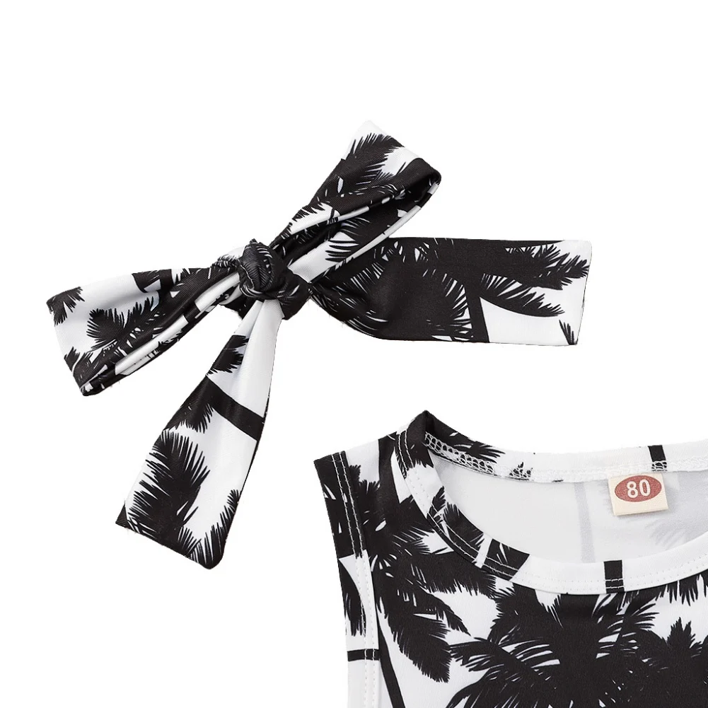 

2Pcs Summer Newborn Baby Girls Bodysuit Black And White Flowers Coconut Bow Printed Rompers+Headband Set 0-24M