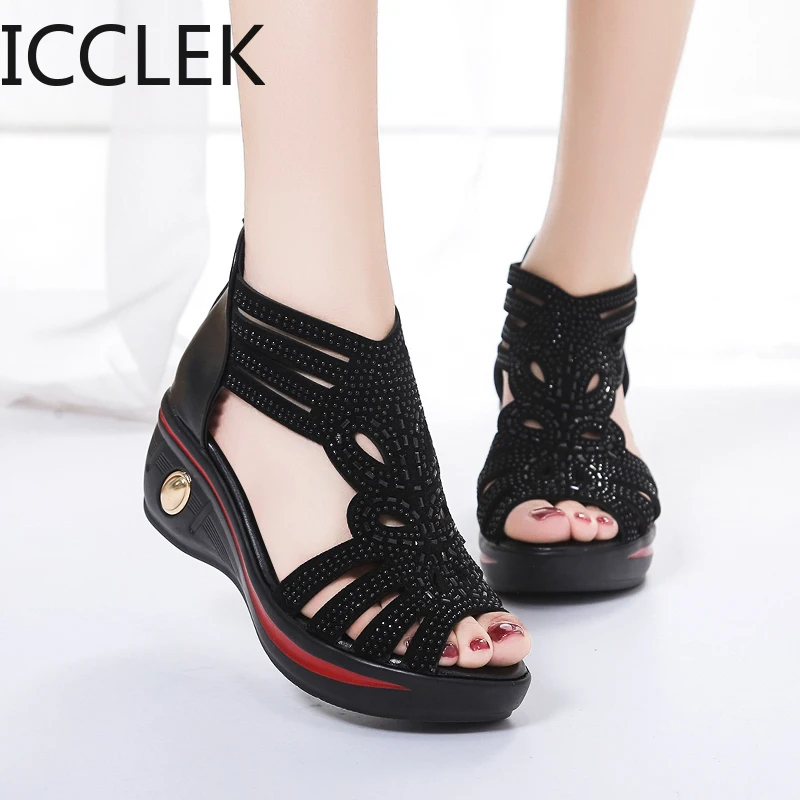 

Fashion New Fish Mouth Leather Canvas Women Weave Wedge Heel Shoes Zipper Sandals Casual Beach Sandals Roman Shoes