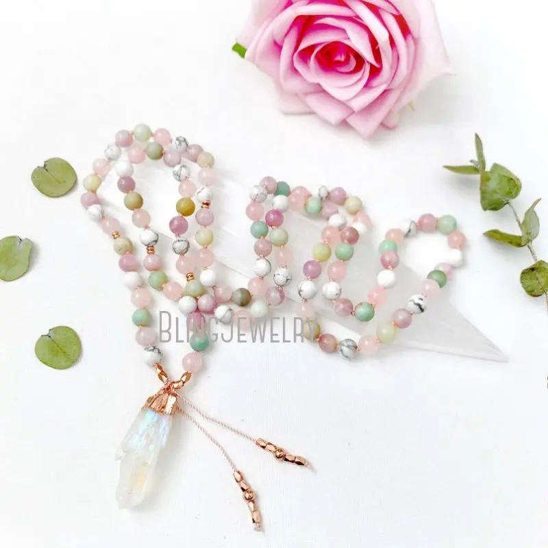 MN34527  Mala With Kunzite Amazonite Howlite Rose Quartz And Angel Aura Quartz Guru Crystal 108 Mala Prayer Beads Necklace