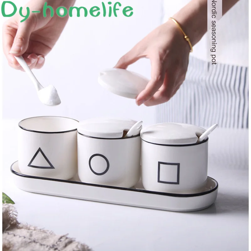 

Creative Geometric Pattern Round Ceramic Seasoning Jar with Tray and Spoon Set of 3 Kitchen Supplies Salt Sugar Pepper Bottle