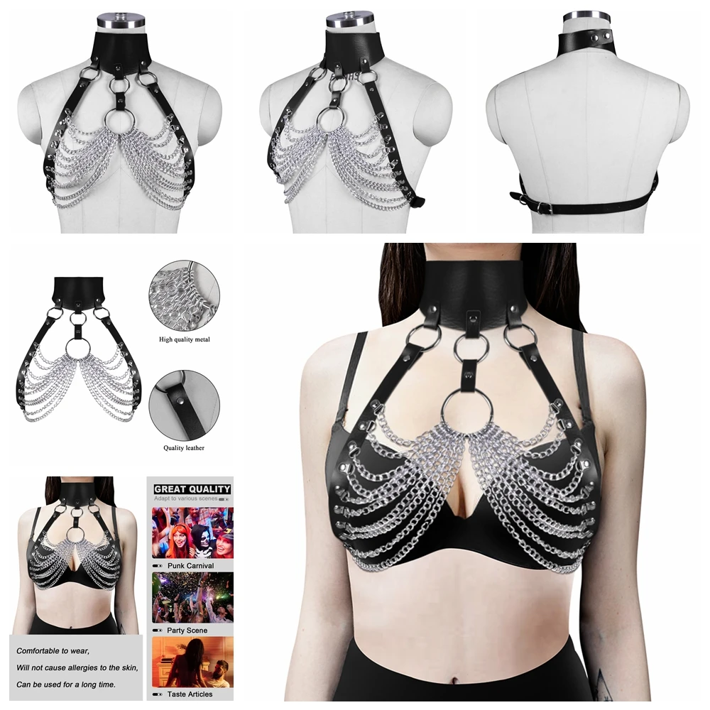 

Punk Rock Bar Sexy Alluring Body Chain Chest Bondage Harness Lingerie Leather Suspenders Women Gothic Hanging Neck Hollow Sling