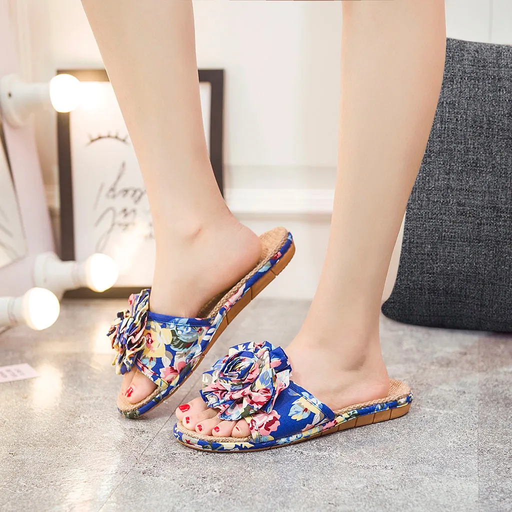 

Summer Bohemian Floral Home Slippers Non-slip Beach Shoes ladies Linen slippers Comfort Flats Woman Indoor Sandals flip flops