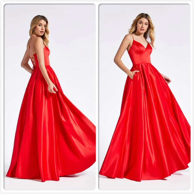 

vestidos de fiesta de noche New Simple Long Prom Dresses V-Neck Lace Up Floor Length Satin Evening Dress Robe de soriee