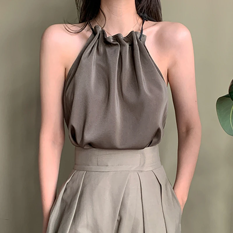 GALCAUR Sexy Party Ruched Solid Color Vest For Women O Neck Sleeveless Slim Fit Loose Oversized Vests Female 2021 Summer New