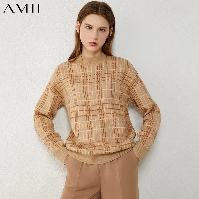 

AMII Minimalism Autumn Winter Women Sweater Vintage Plaid Loose Knitted Women's Pullover Female Sweater Tops 12040681