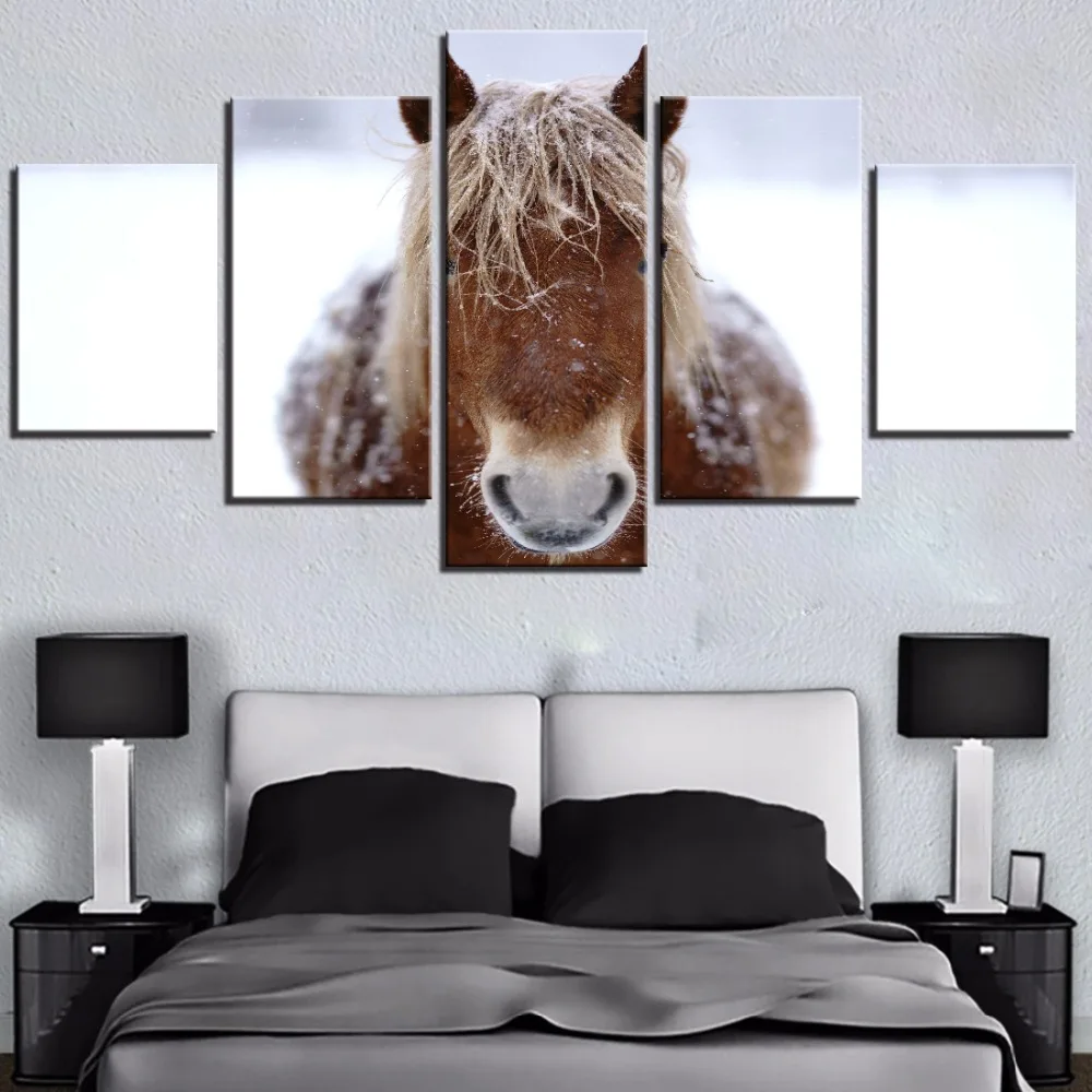 

5 Pieces Brown Horse in Winter Canvas Wallpapers Animal Wall Art Painting Posters Cool Pictures For Modern Decor White Snow