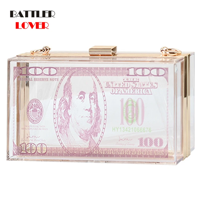 

Acrylic Handbags For Women 2021 Luxury Designer Shopper Wallet Fashion Personality Creative Dollar Transparent Box Crossbody Bag