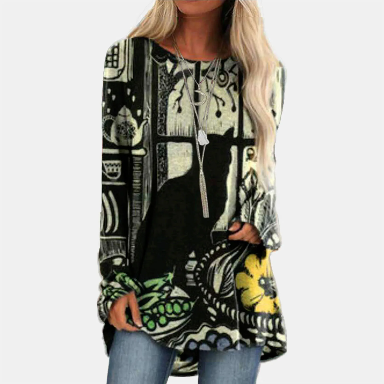

Women Long Sleeve Loose T-shirt Top O-neck Vintage Patchwork Abstract Art Splicing Printing Shirt All-match Girls T-shirt
