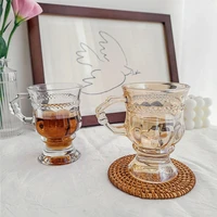 vintage embossed glass cup high foot latte coffee cup afternoon tea juice mini high foot cup with handle high value souvenir